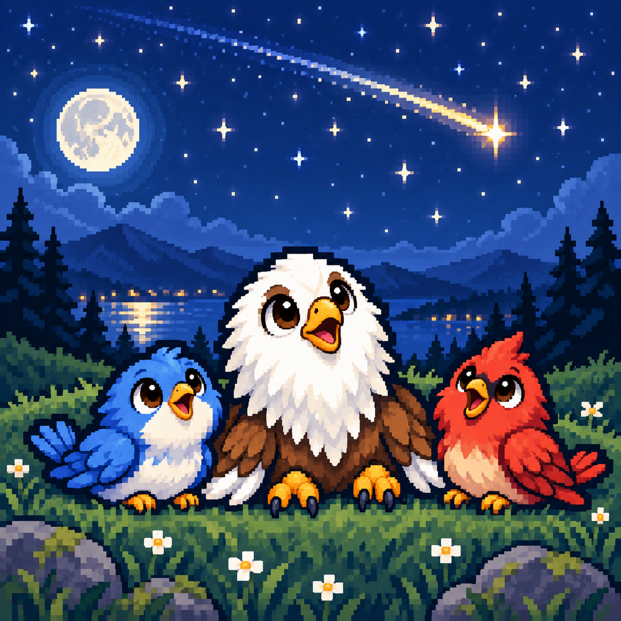 Pixel eagle and two bird friends watching a shooting star over a moonlit lake